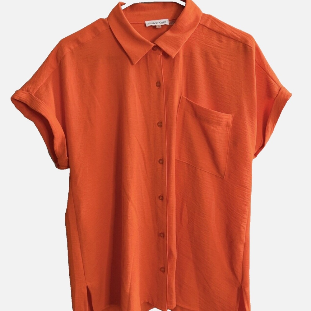 ‼️SOLD‼️ Calvin Klein Orange Short Sleeve Button Up Summer Top Shirt BlouseM